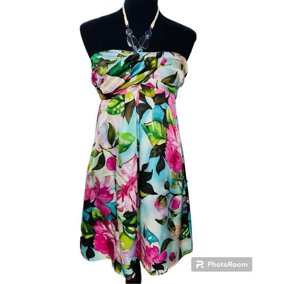 Andrea Behar Floral Halter Mini Dress — Beaded Neckline, Multicolor, Size 4 - Picture 2 of 7